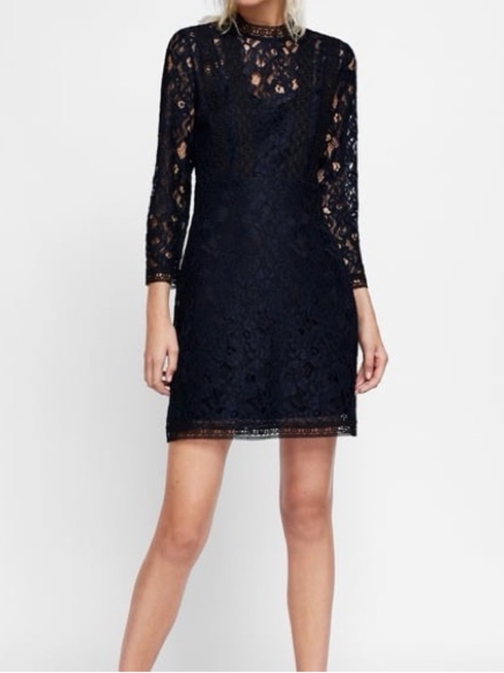 Zara Black Long-Sleeve Lace Shift Dress